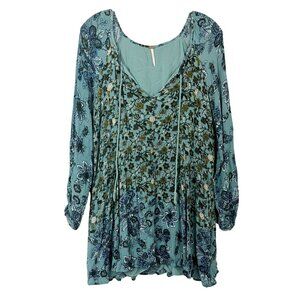 Free People Lucky Loosey Dress Green Boho Print Long Sleeve - Size Medium